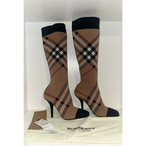 BURBERRY KNITTED CHECK SOCK BOOTS BIRCH BROWN NEW 37.5 7.5 - Picture 3 of 12